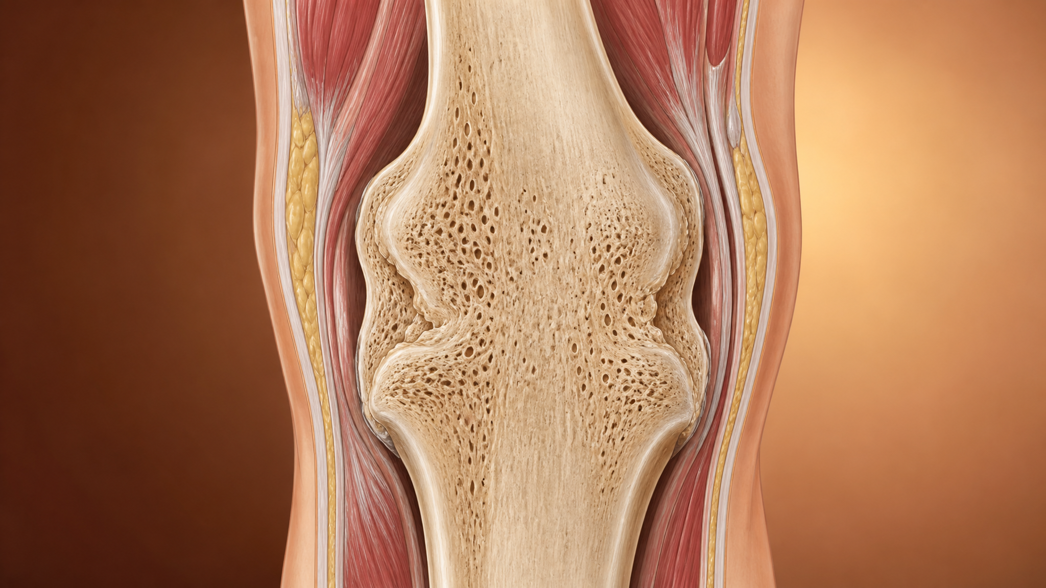 Medical cutaway illustration of a knee joint fused solid with continuous bone bridging across the joint line and no remaining cartilage gap