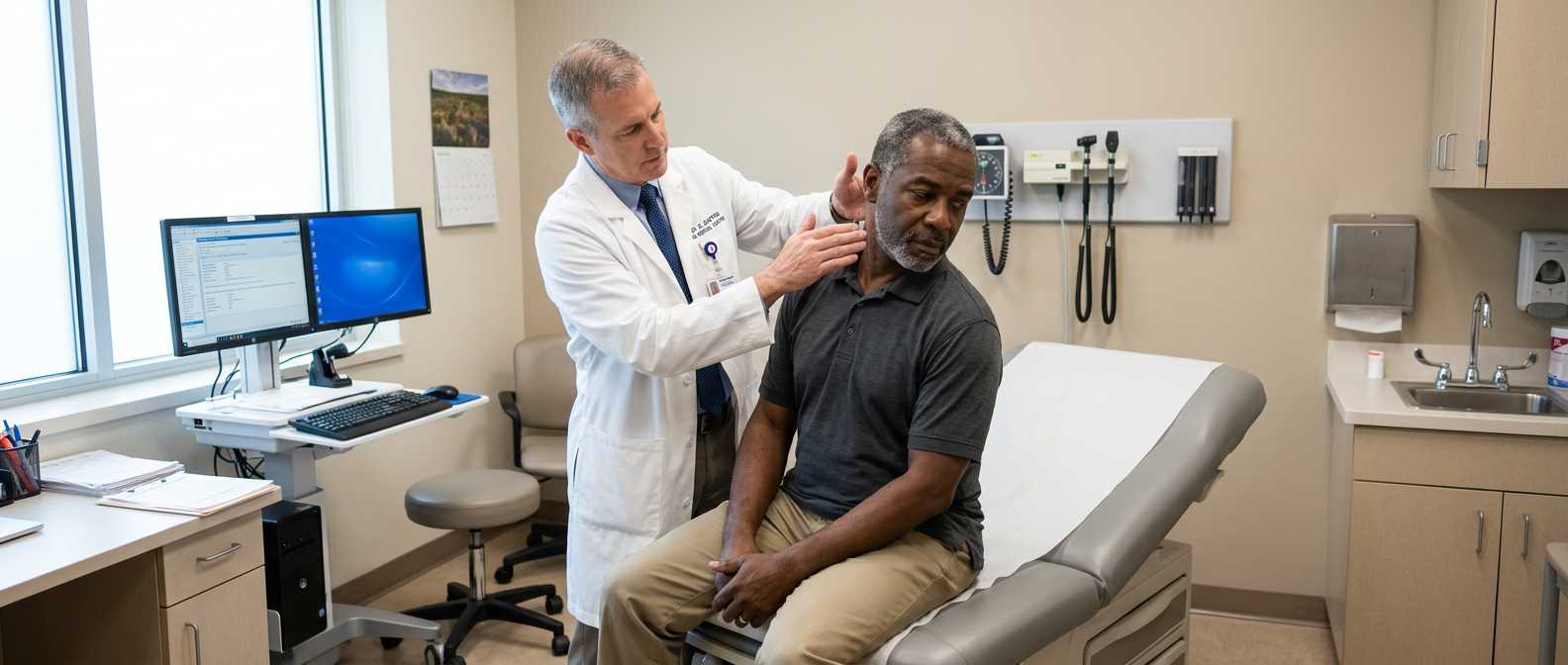 A physician examining a seated veteran's neck by hand in a clinic examination room