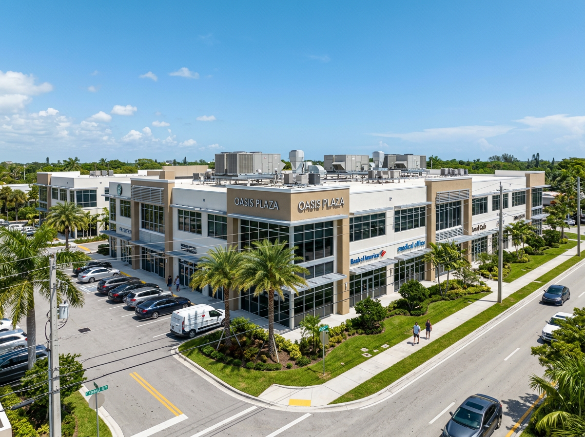 Modern South Florida commercial building with multiple rooftop HVAC units
