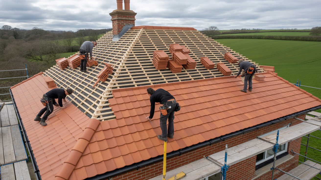 Skilled roofers laying terracotta clay tiles on new-build house