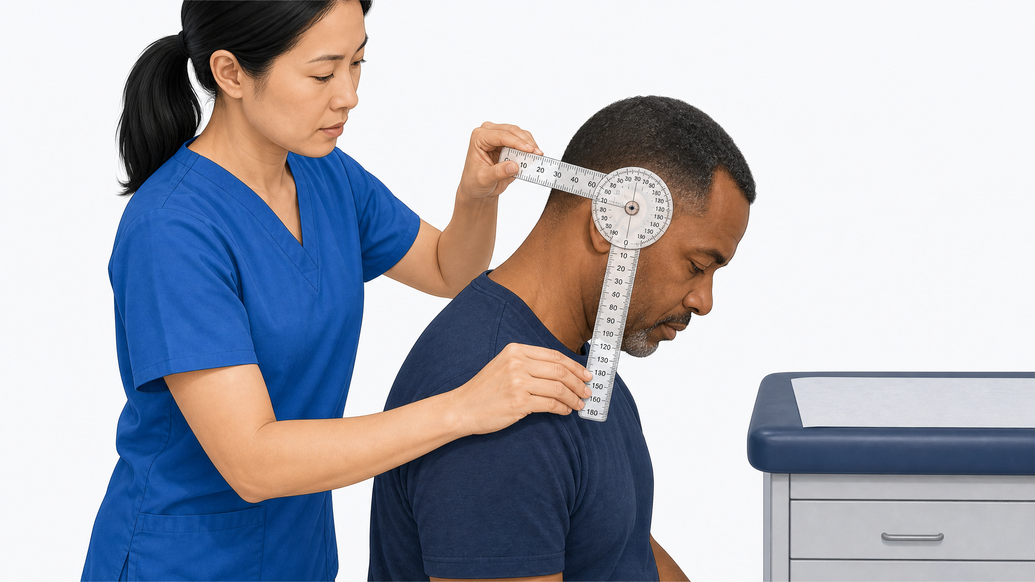 Clinician holding a goniometer against a seated patient to measure spinal range of motion