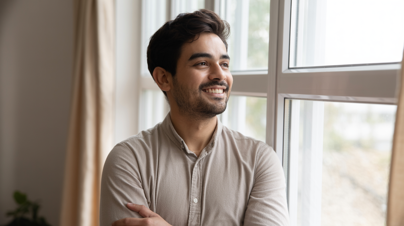 Marcus after therapy - standing confidently by window with relaxed posture
