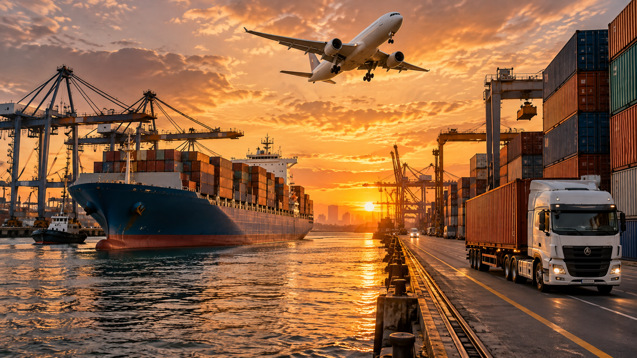 Global shipping port at sunset with cargo ship, airplane and containers