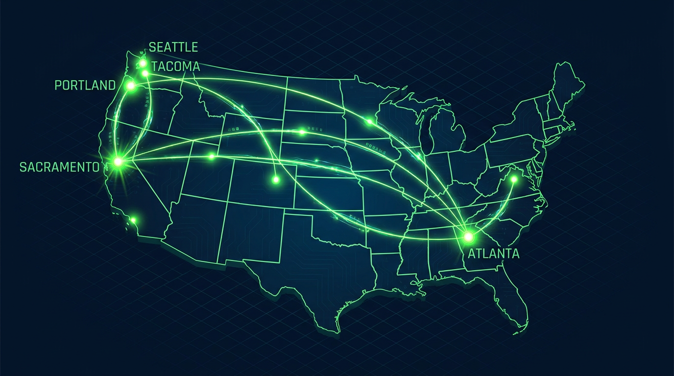 EEE Rescue nationwide mobile EV charging network coverage map showing Sacramento, Portland, Seattle-Tacoma, and Atlanta