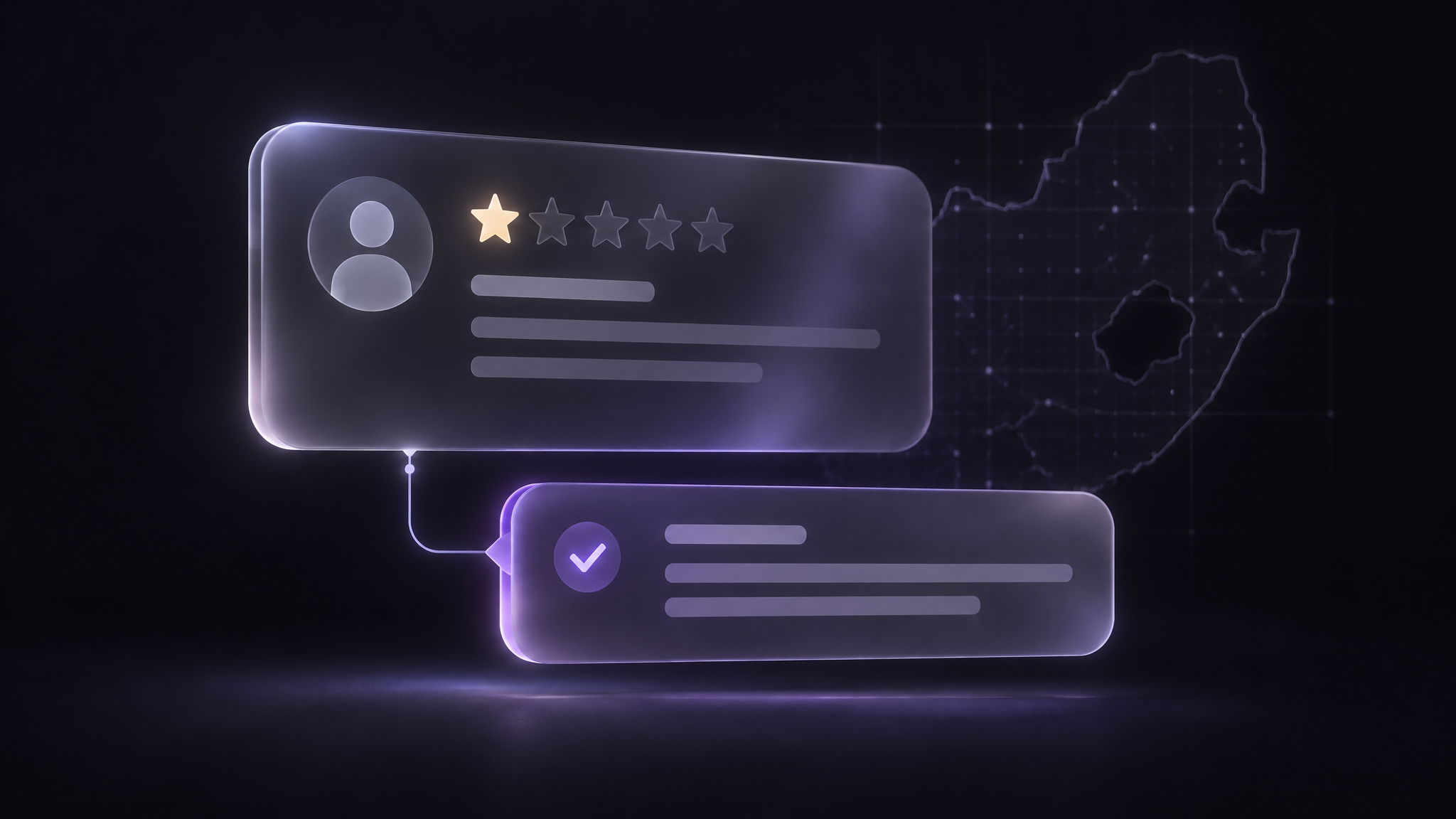 A frosted glass negative review card linked to a calm professional reply bubble with a violet accent, floating in the dark against a faint South African map grid