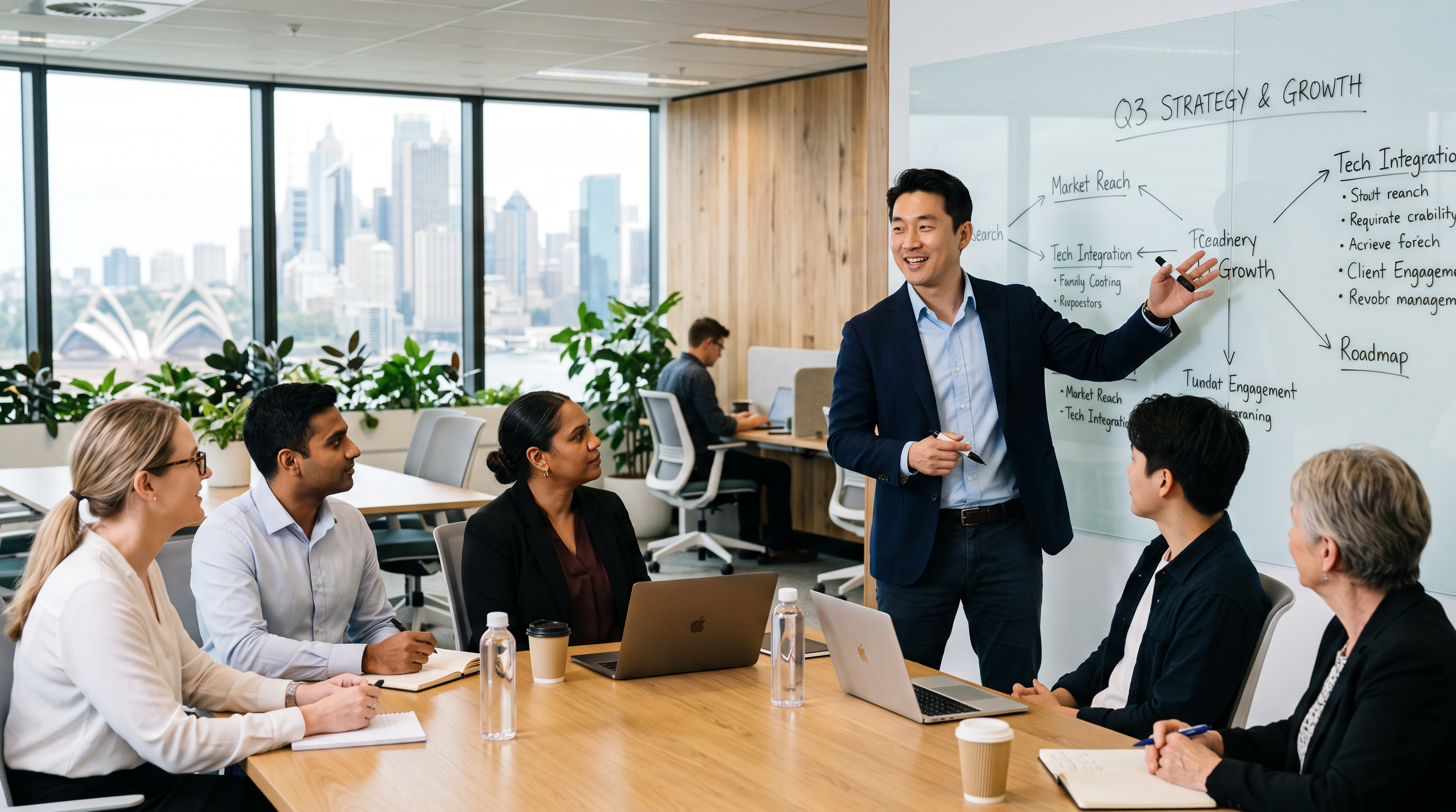 A Korean-background professional presenting confidently at a whiteboard in a Sydney office