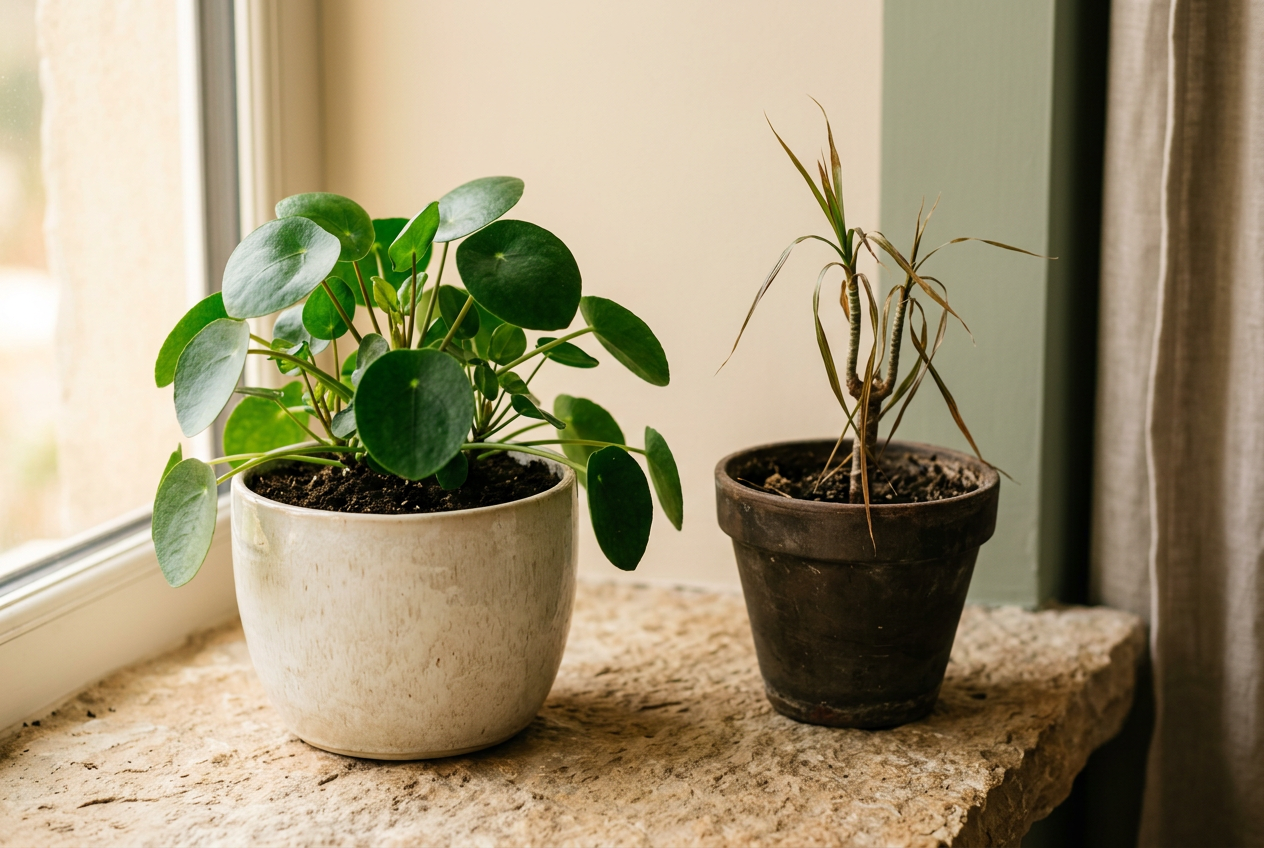 A fresh, lush new potted plant replacing a tired one