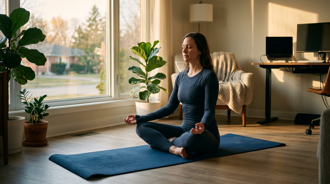 Rotina matinal focada com meditação antes de iniciar o trabalho remoto