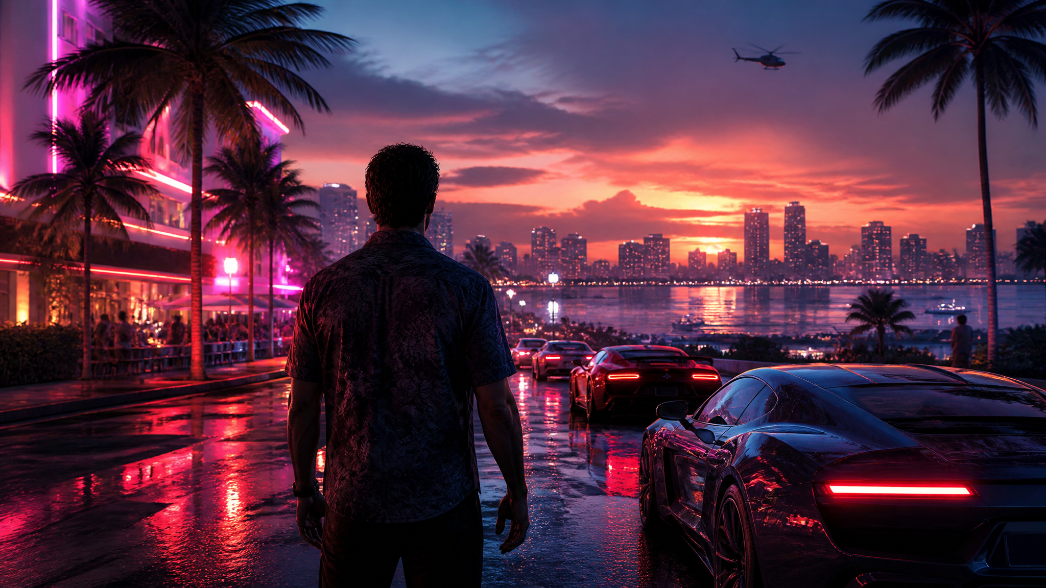 Cidade com iluminação neon inspirada na ambientação de jogos de mundo aberto como GTA VI
