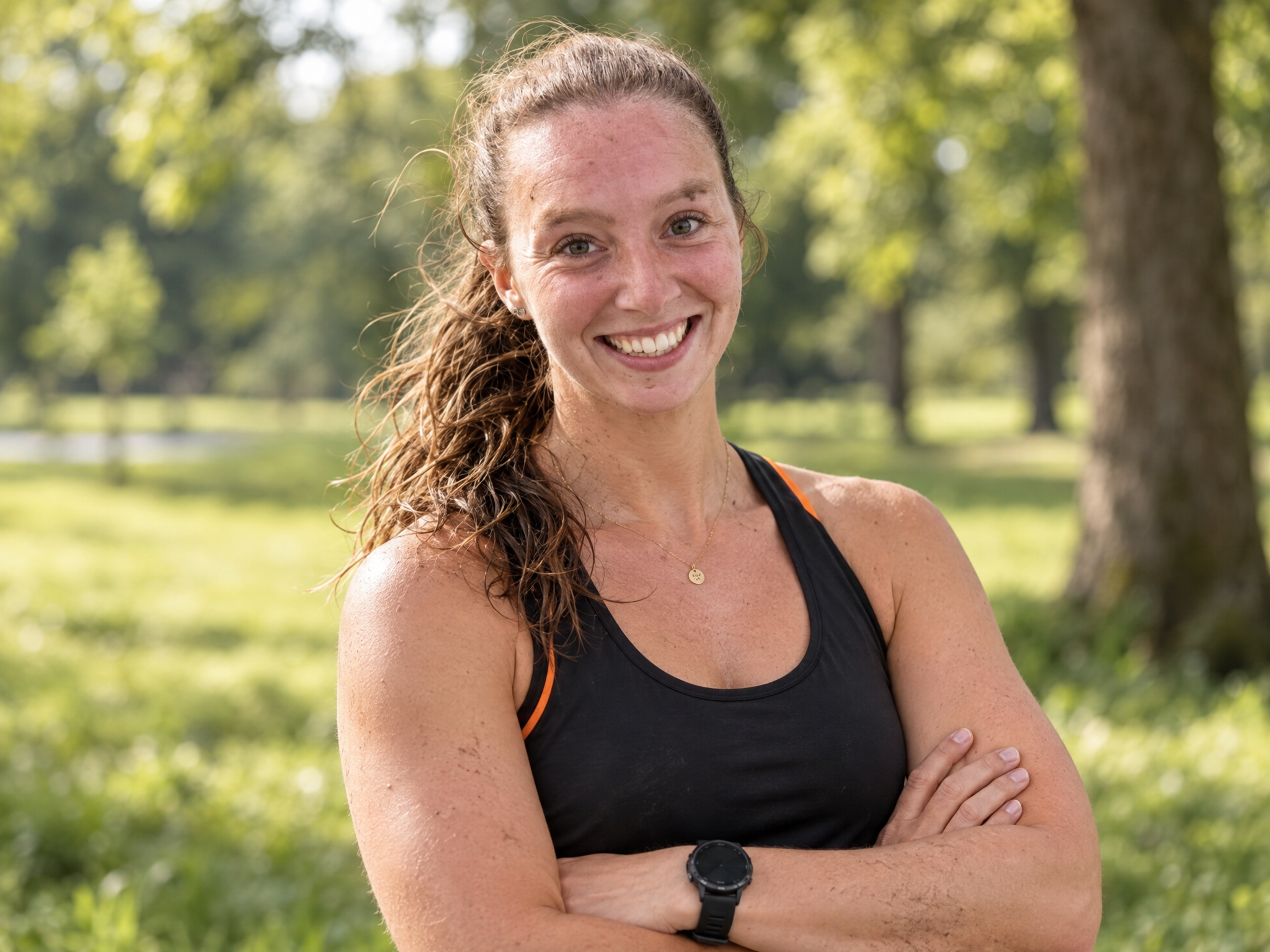 Charlotte Seldenthuis, oprichter en hoofdcoach van Feel Good Bootcamp, in een park
