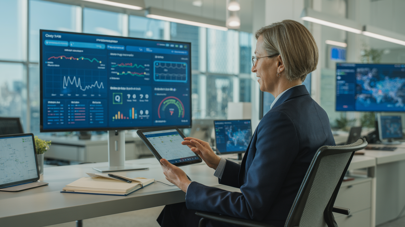 City administrator using smart city technology dashboard for municipal operations