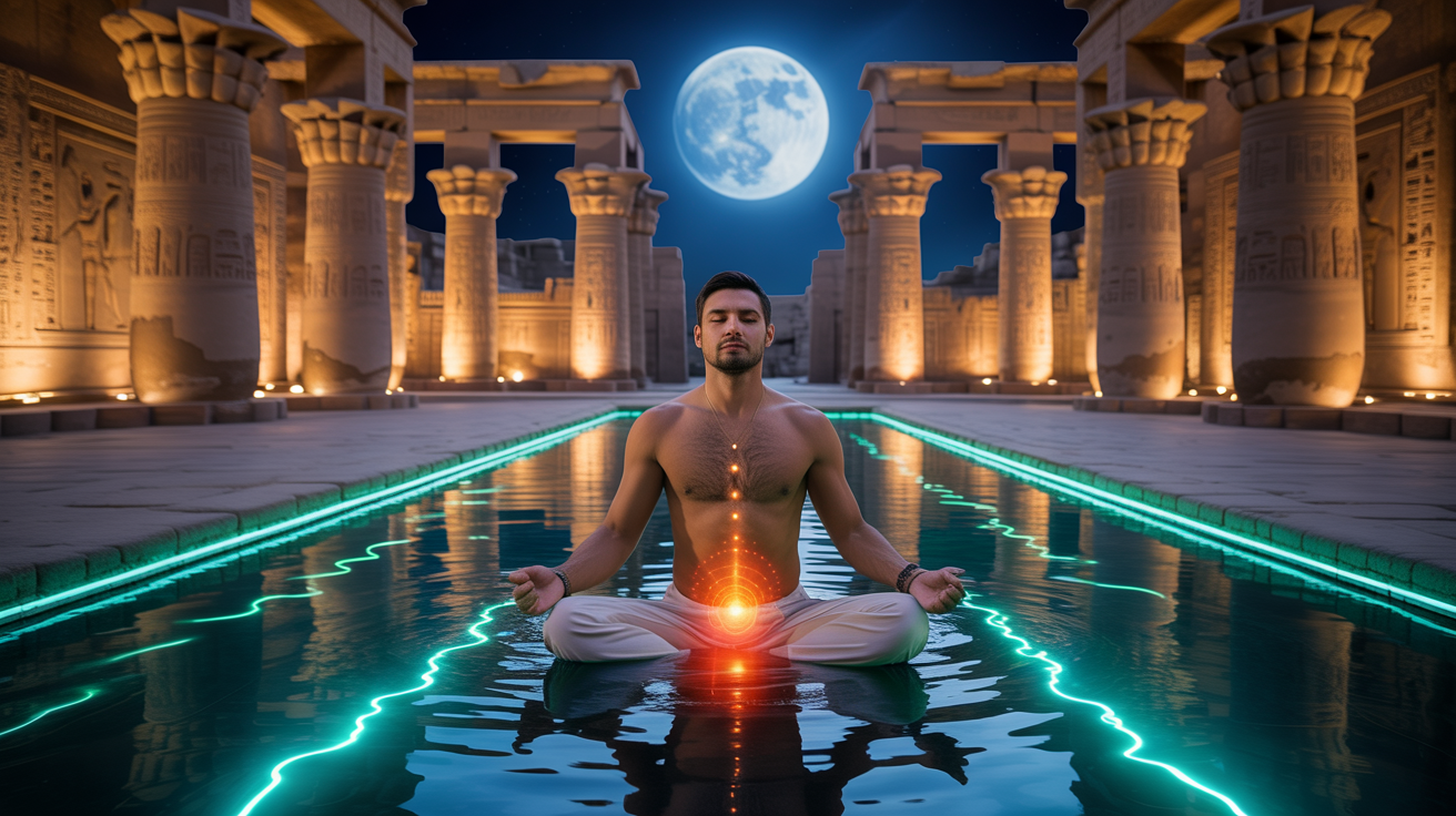 Muškarac meditira pored svetog bazena u drevnom egipatskom hramu pod mesečinom sa narandžastom čakrom