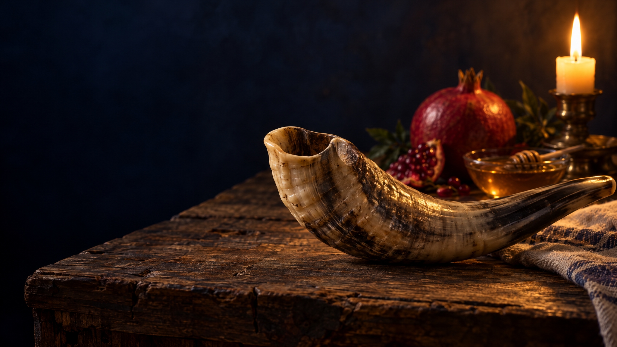 A shofar resting on a prayer shawl in warm golden light