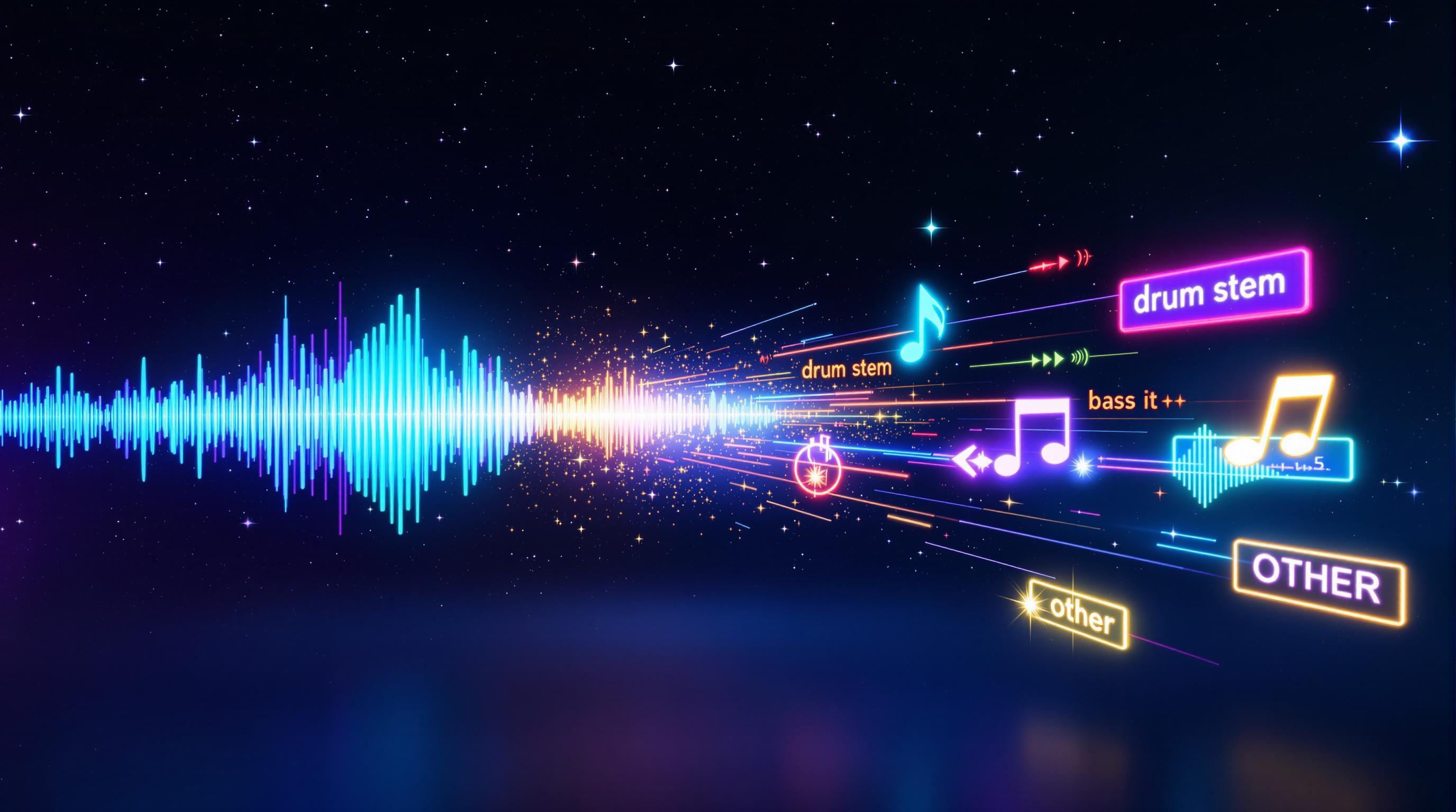 AI-powered stem separation visualization showing music being broken into individual components