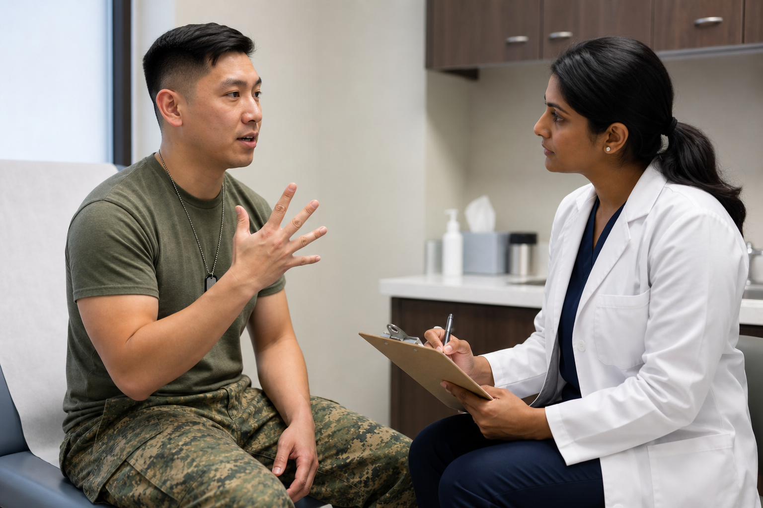 An East Asian male veteran in his thirties reviewing a blank tracking sheet on a clipboard with a clinician, discussing how often his symptoms flare