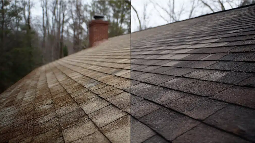 Before and after roof rejuvenation comparison showing dramatic improvement