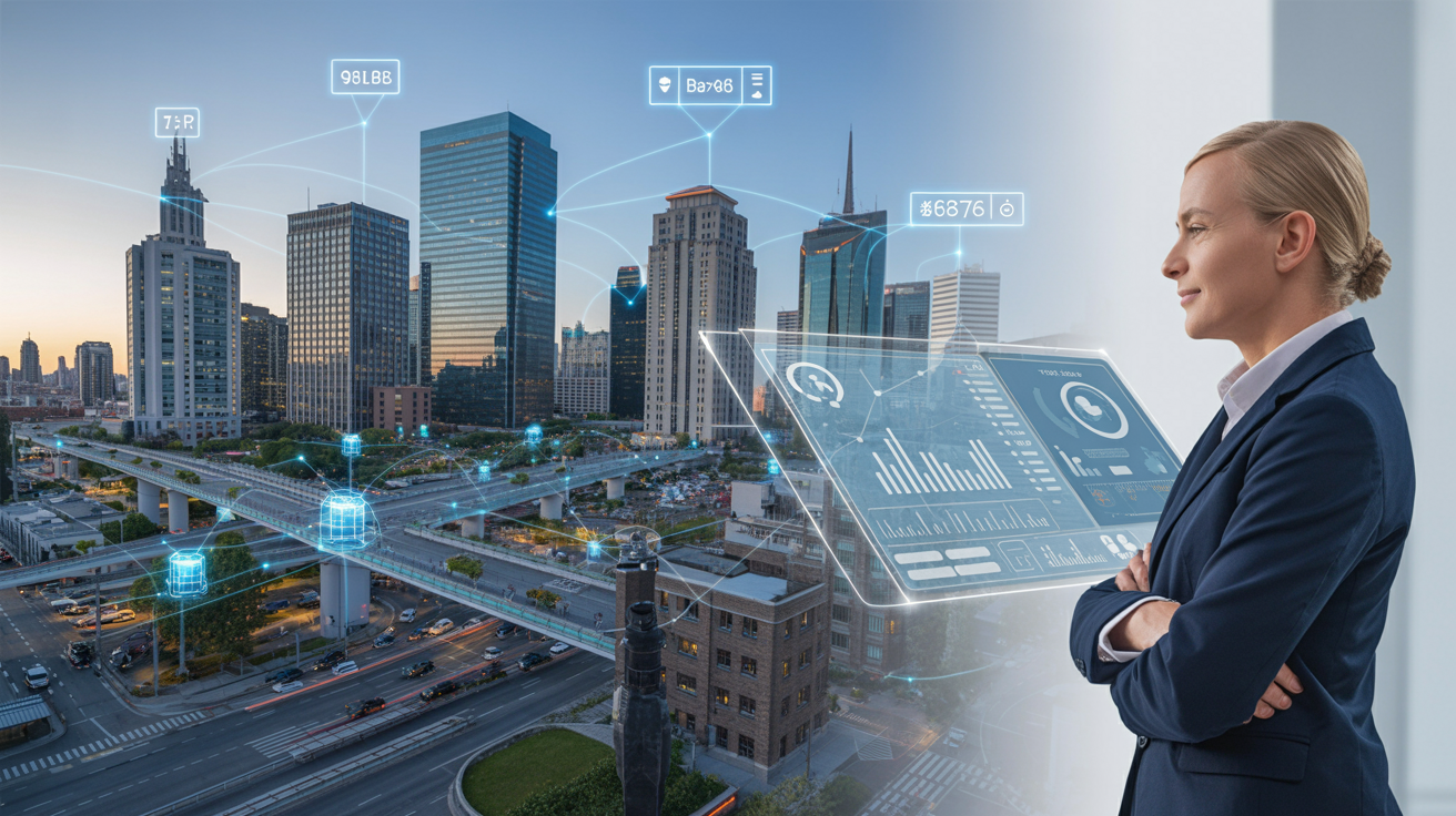 Mayor viewing smart city technology dashboard with digital city infrastructure overlay