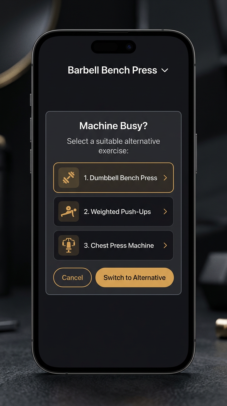 Machine Busy feature showing exercise substitution popup with Dumbbell Bench Press, Weighted Push-Ups, and Chest Press Machine alternatives