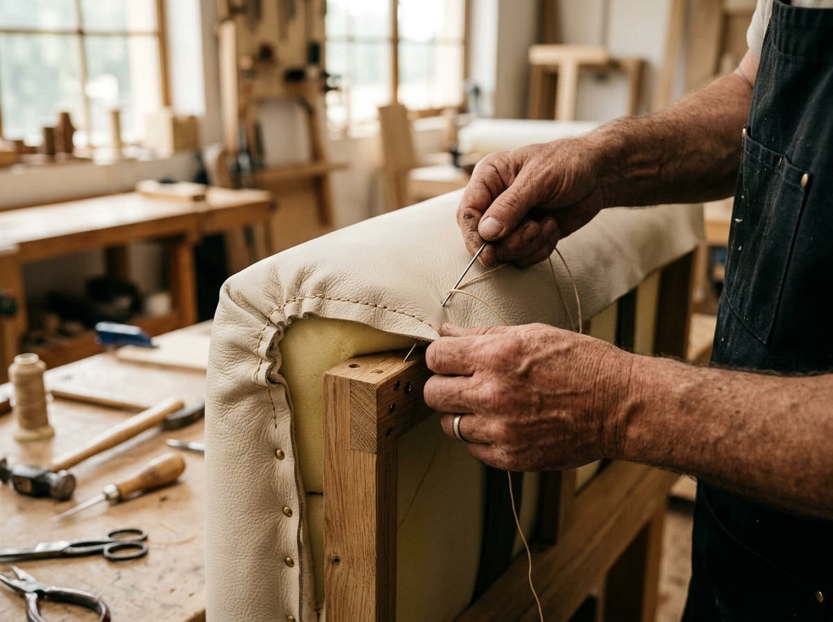 Craftsman hand-stitching leather upholstery on a bespoke sofa in the J&G Maison workshop