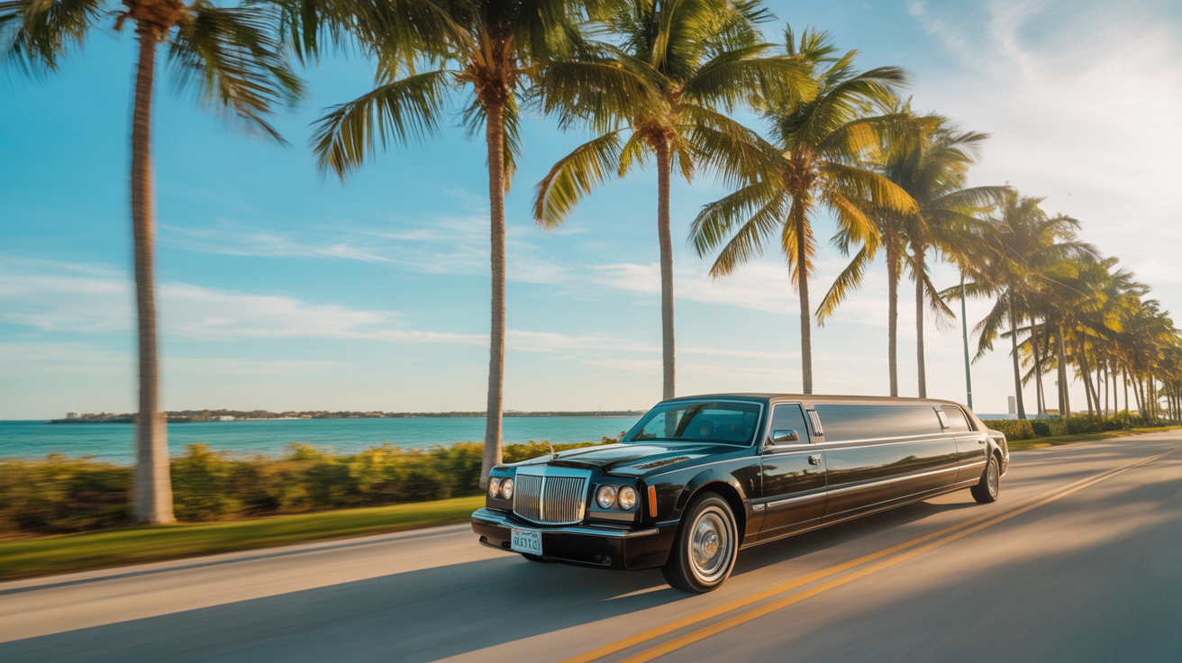 Luxury limousine on sunny Florida coastal road with palm trees