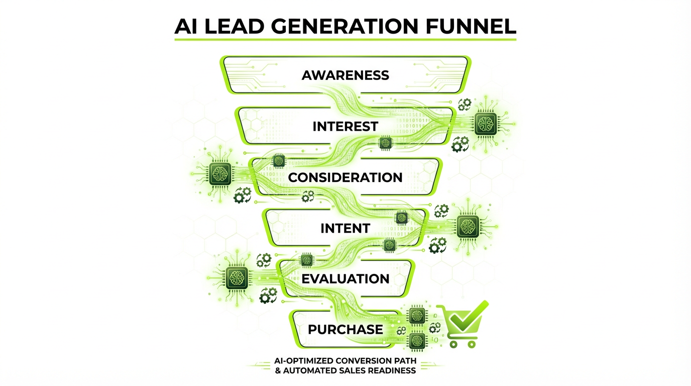 AI lead generation funnel showing awareness, interest, consideration, intent, evaluation, and purchase stages with AI optimization at each touchpoint