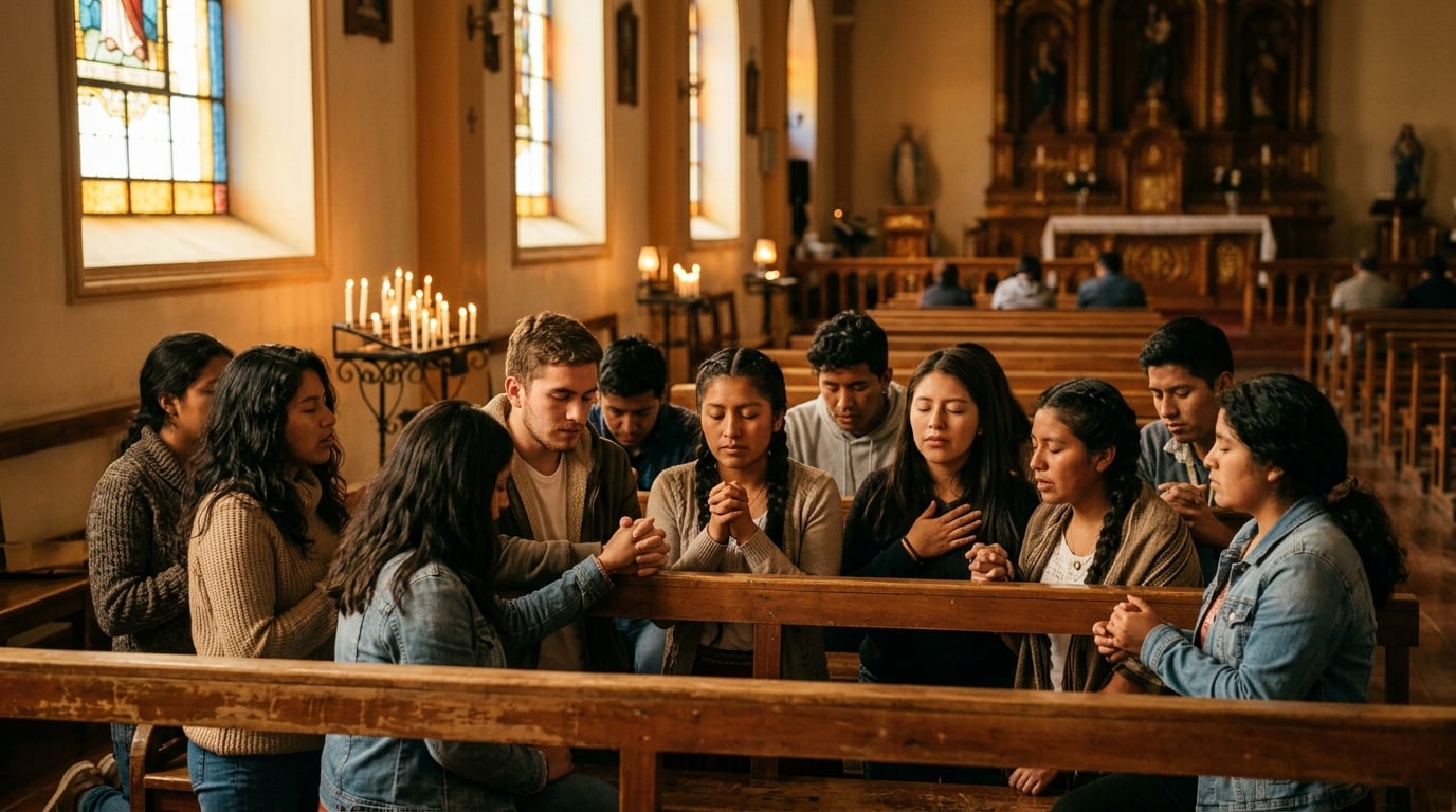 Jóvenes orando juntos en comunidad