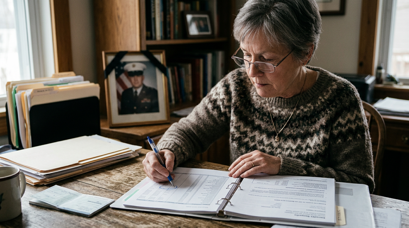 An older surviving spouse reviewing survivor benefit and annuity paperwork at home