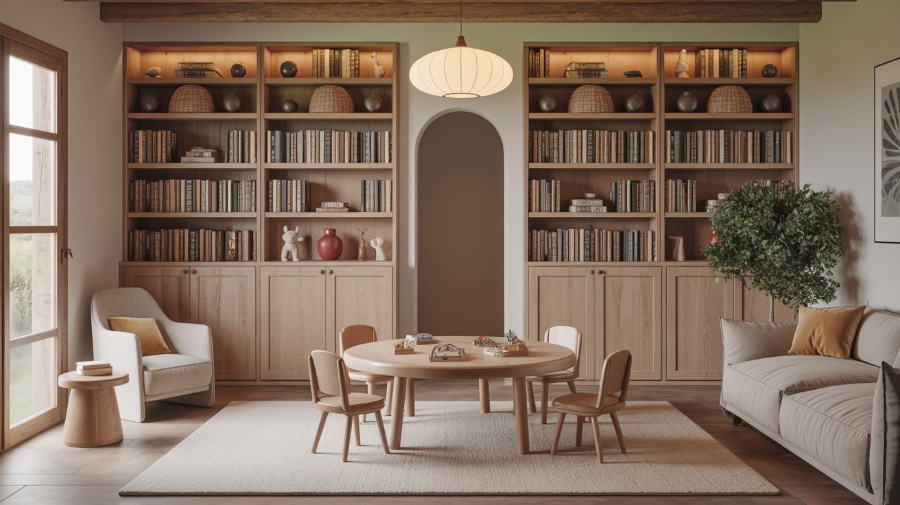 Biblioteca y zona de juegos con decoración romana