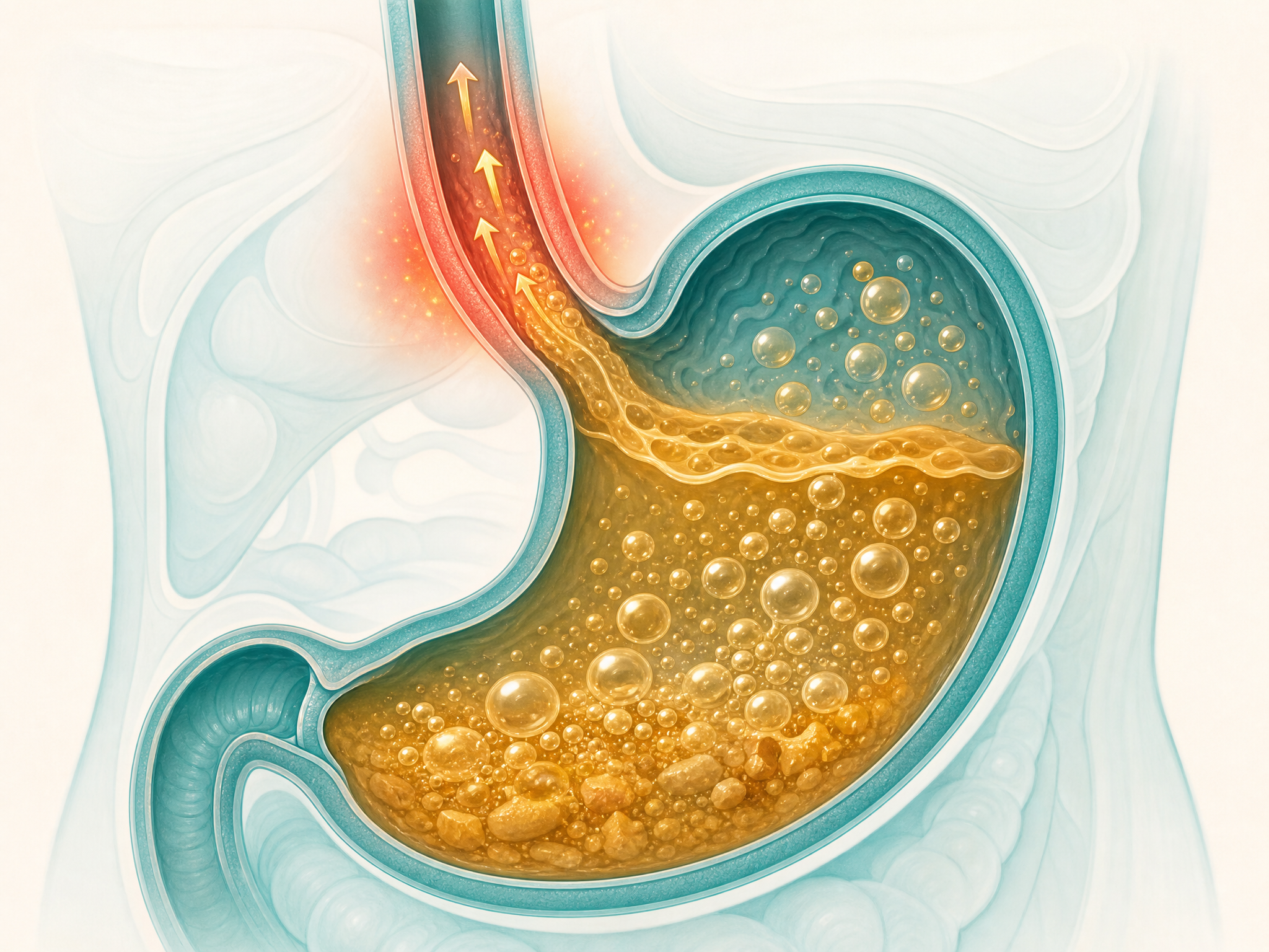 Illustration of food fermenting in the digestive tract, producing gas and pressure that can aggravate reflux