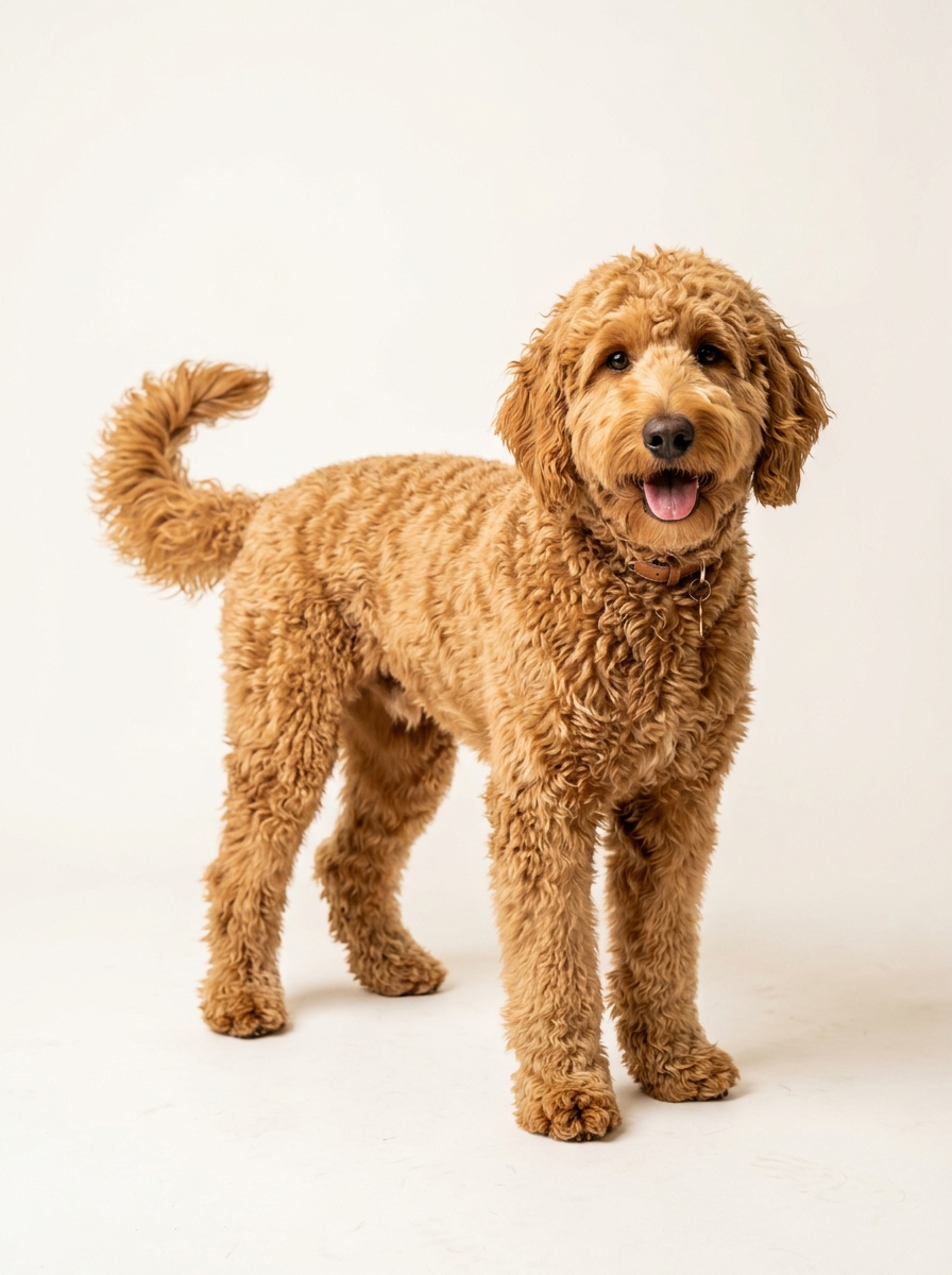 Friendly goldendoodle standing and looking at camera, ready for transport