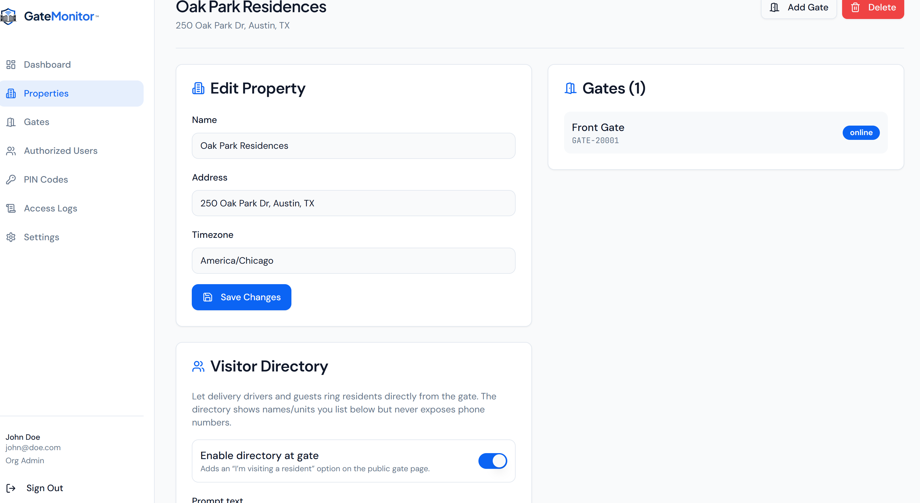 Property settings for an HOA showing community name, address, gates, and access policies