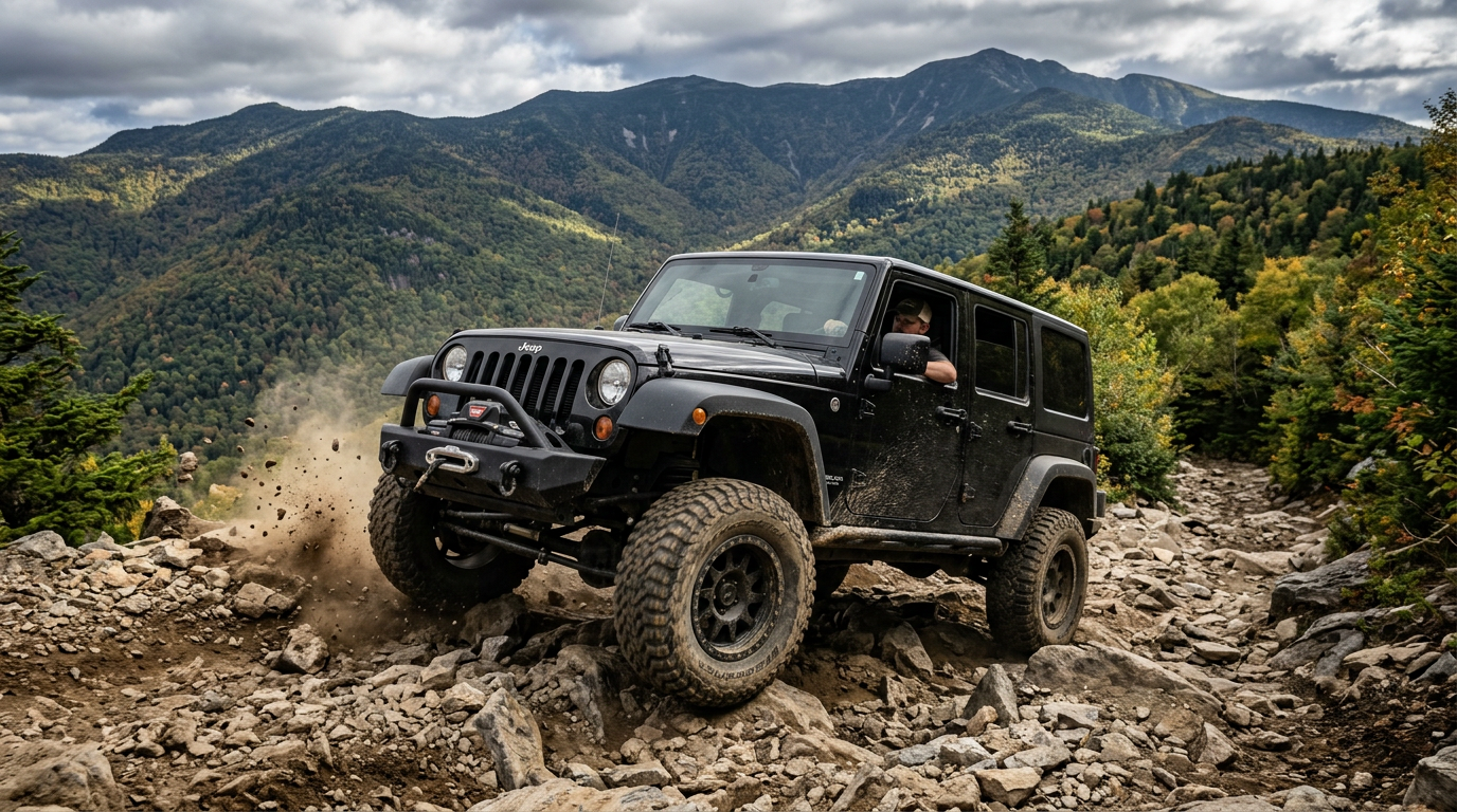 Jeep with all-terrain tires climbing a rugged Vermont trail