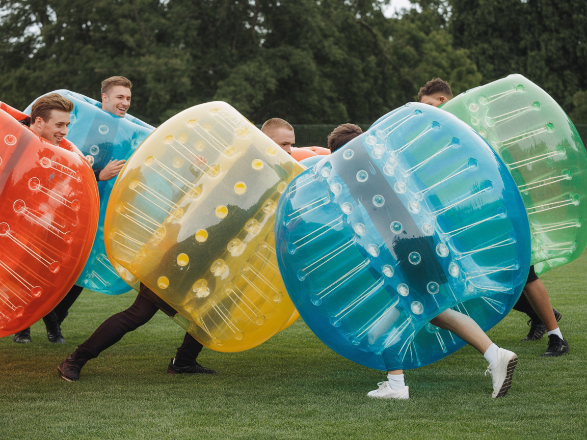 Football zorbing with players in inflatable zorb suits on a grass field