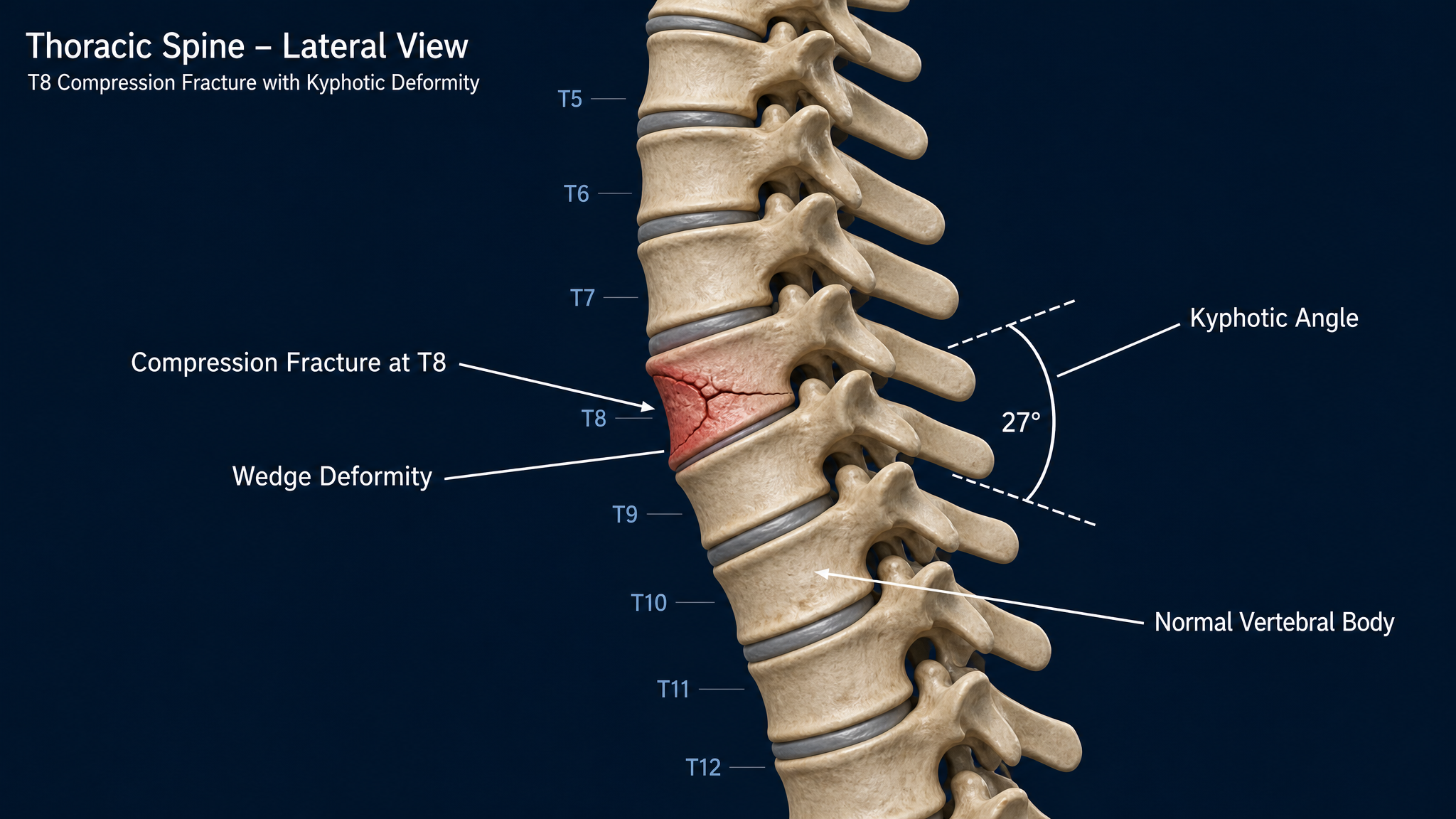Lateral illustration of a wedge-shaped compression fracture at T8 with the resulting forward kyphotic angle marked