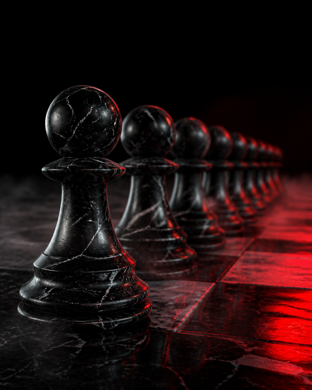 Black marble pawns advancing across a dark board