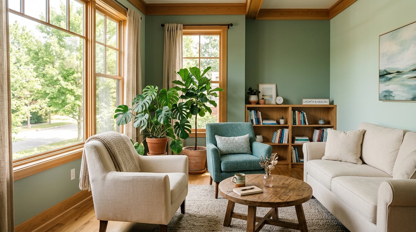 Calm, welcoming therapy office interior with natural light