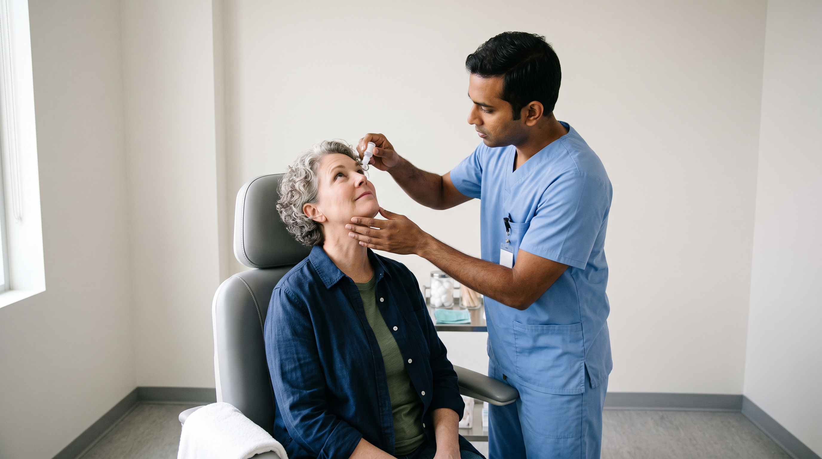 Nurse administering dilating eye drops to a veteran before an ophthalmic examination