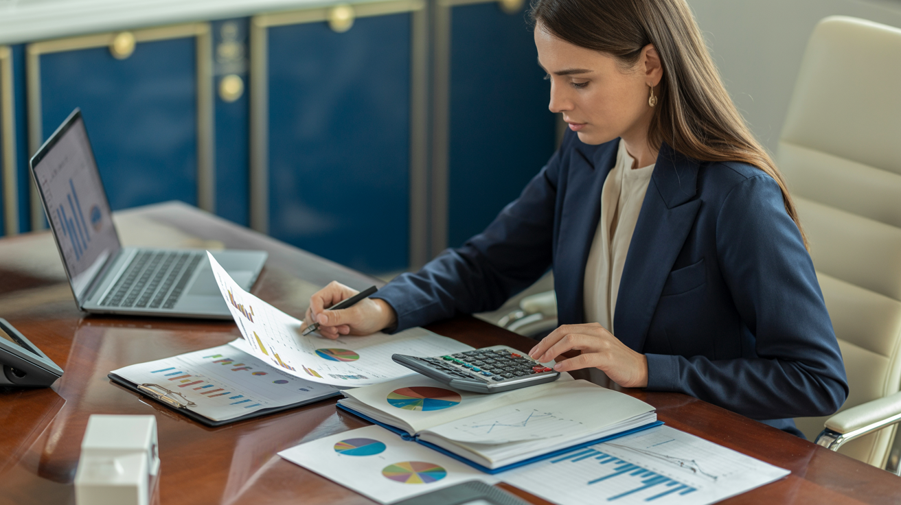 Professional accountant analyzing financial documents and charts