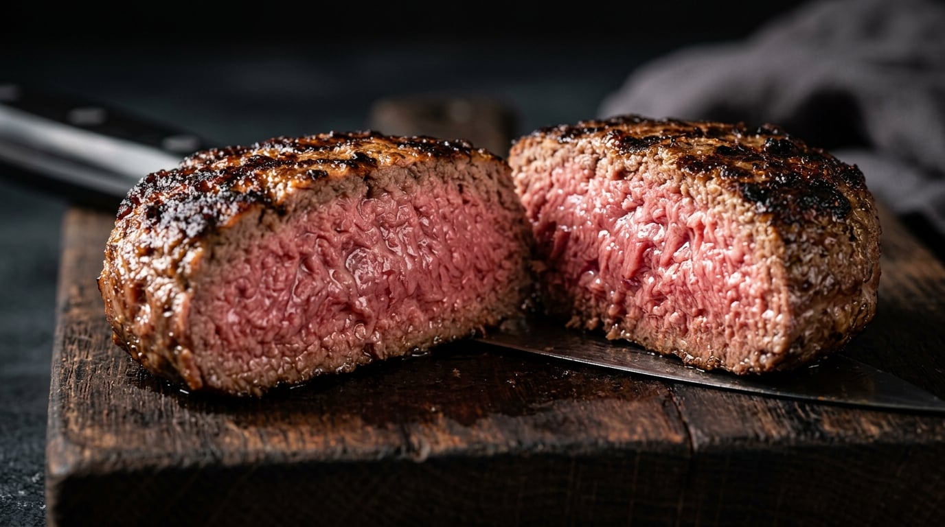 Cross-section of a perfectly cooked Zeus Burger patty showing uniform medium-rare center and exceptional moisture retention