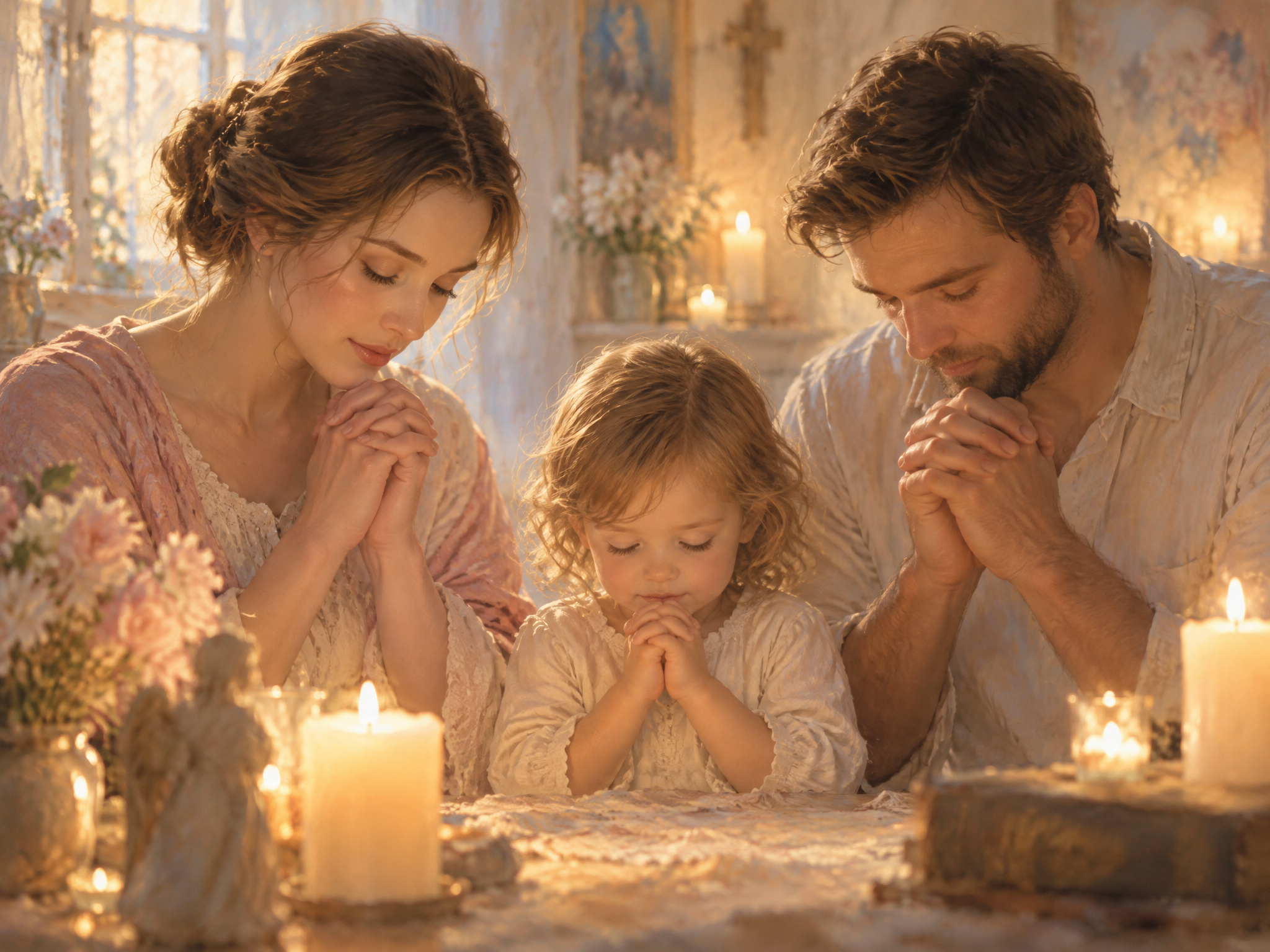 A family praying together by candlelight