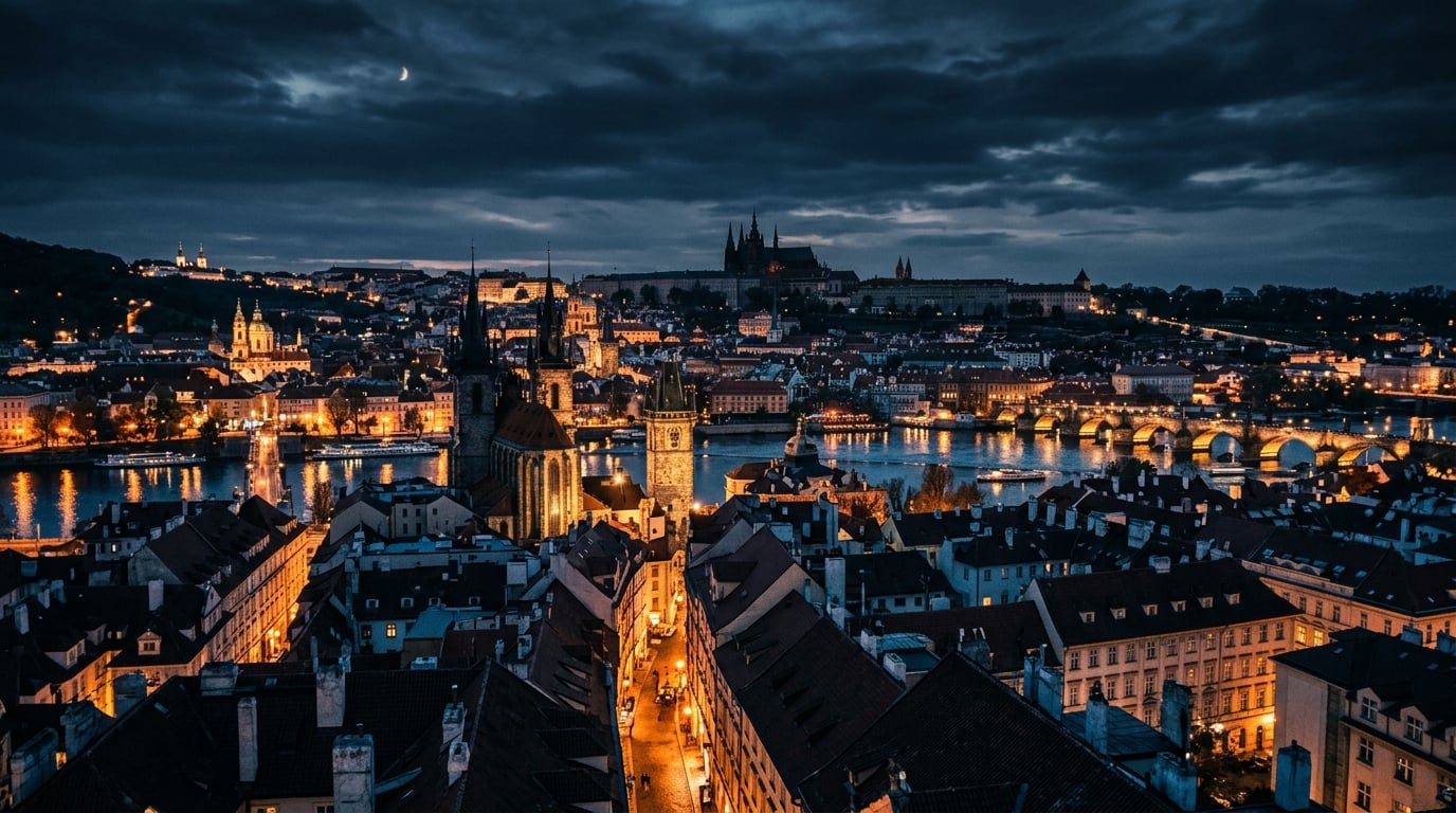 Prague cityscape at night from rooftop