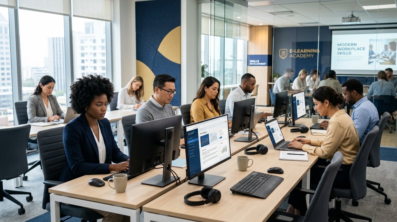 Professionals studying in a modern training environment