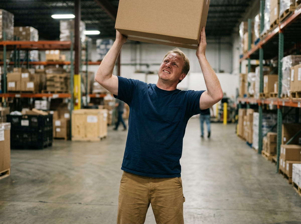 A white male veteran in a warehouse unable to lift a box overhead due to shoulder instability, his face showing strain and limitation