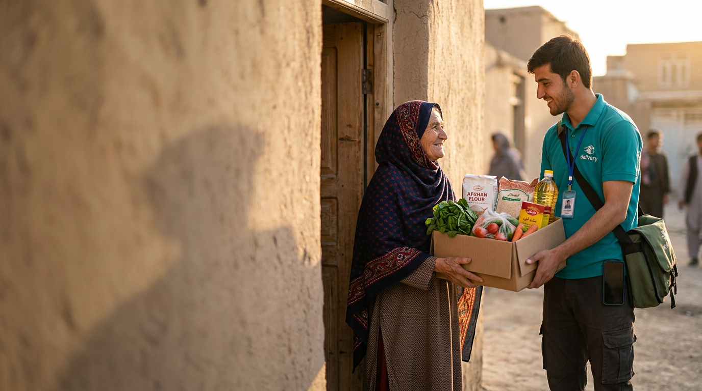 A smiling Afghan grandmother receiving a box of flour, rice, oil and fresh vegetables from a courier at her Kabul doorway