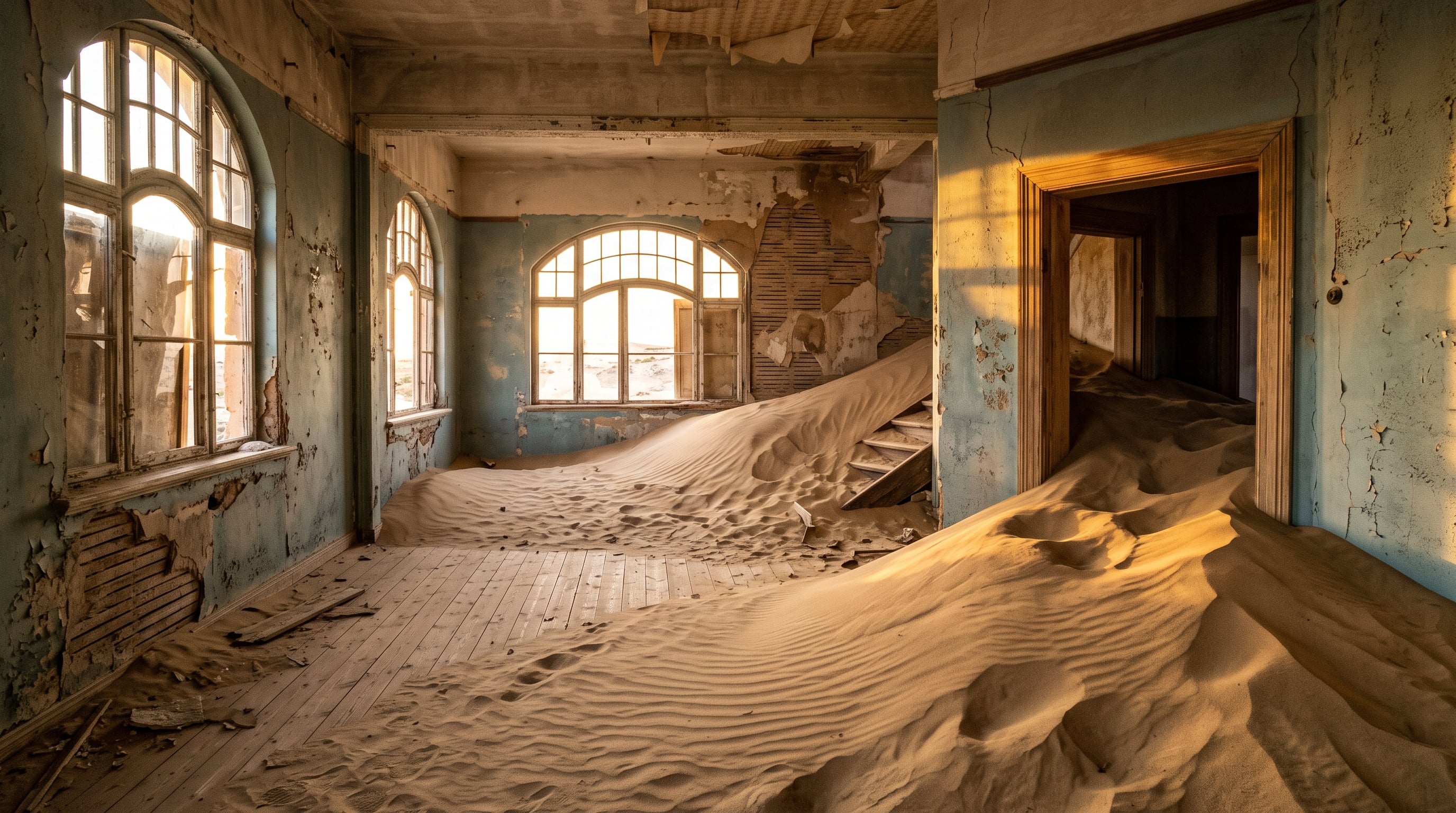Ilustração gerada por IA representando Kolmanskop, baseada em informações científicas verificadas.
