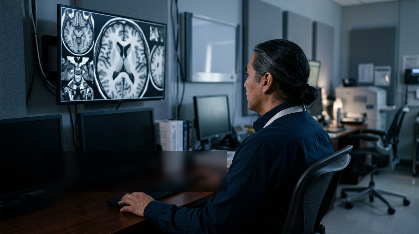 A radiologist reviewing brain CT and MRI images on diagnostic reading-room monitors in a darkened clinical setting, evaluating for traumatic brain injury