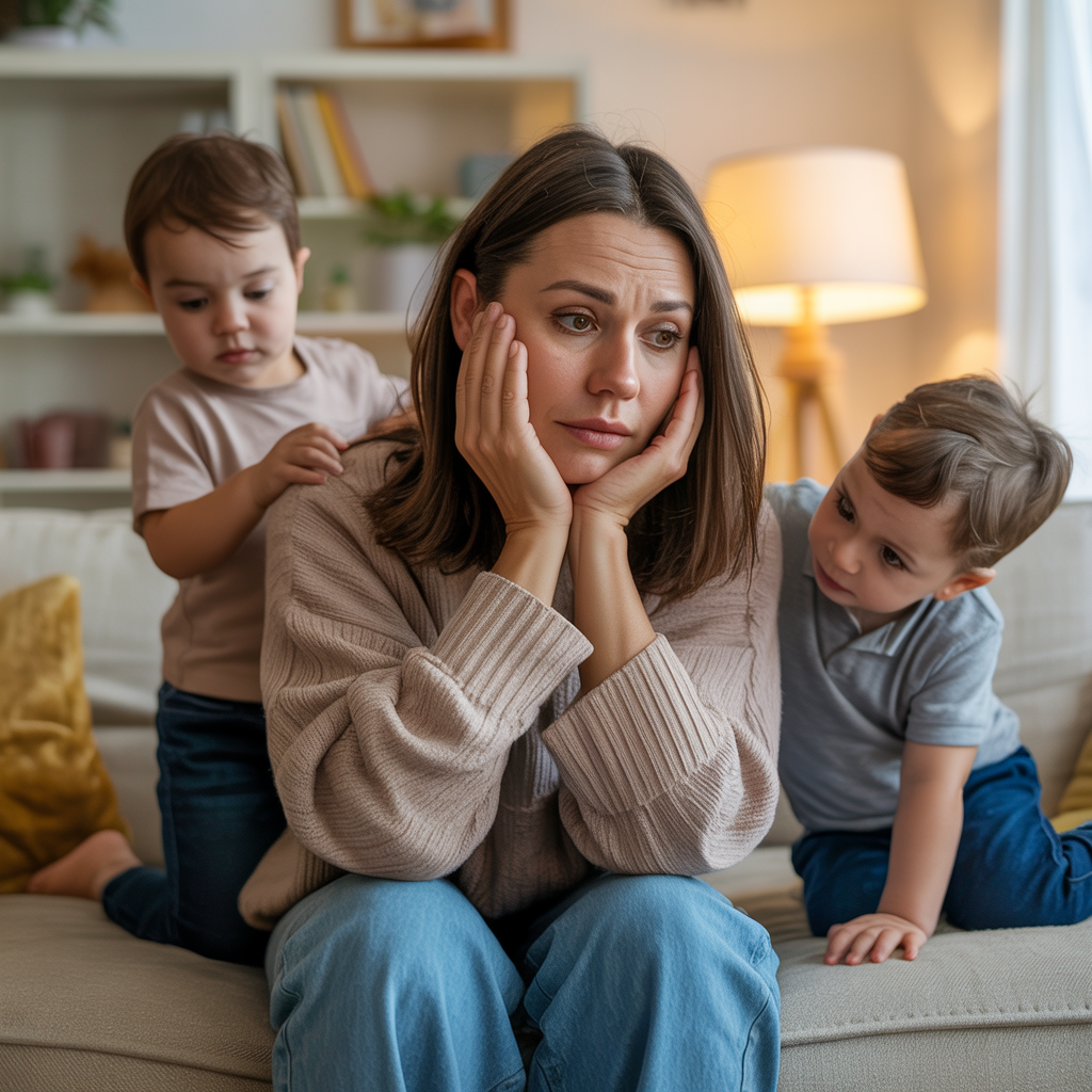 Mãe cansada com filhos - representando exaustão materna