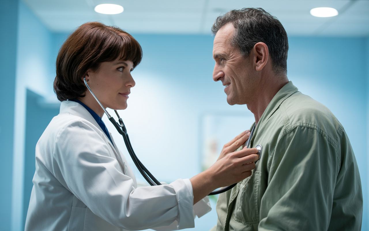 A compassionate doctor examining a veteran in a clinical exam room