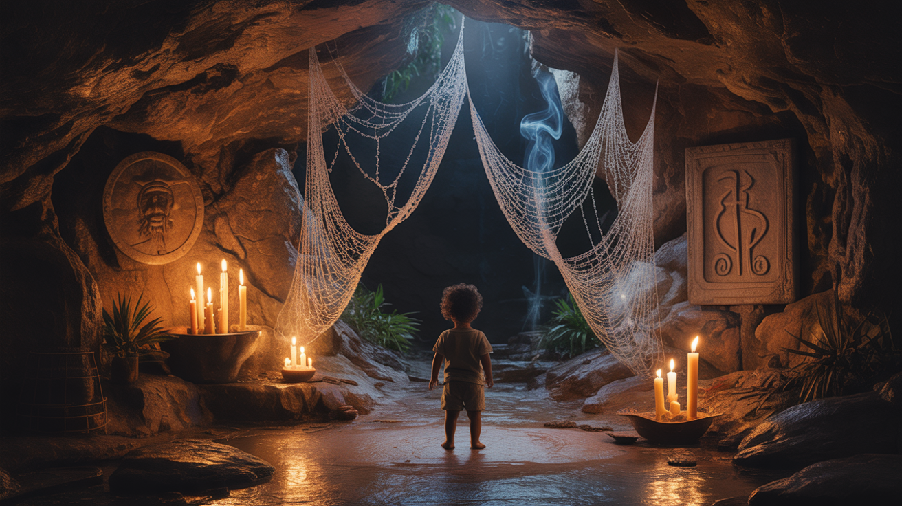 Chapter 2: Mysterious cave entrance with spider webs and spiritual elements representing childhood primal encounters