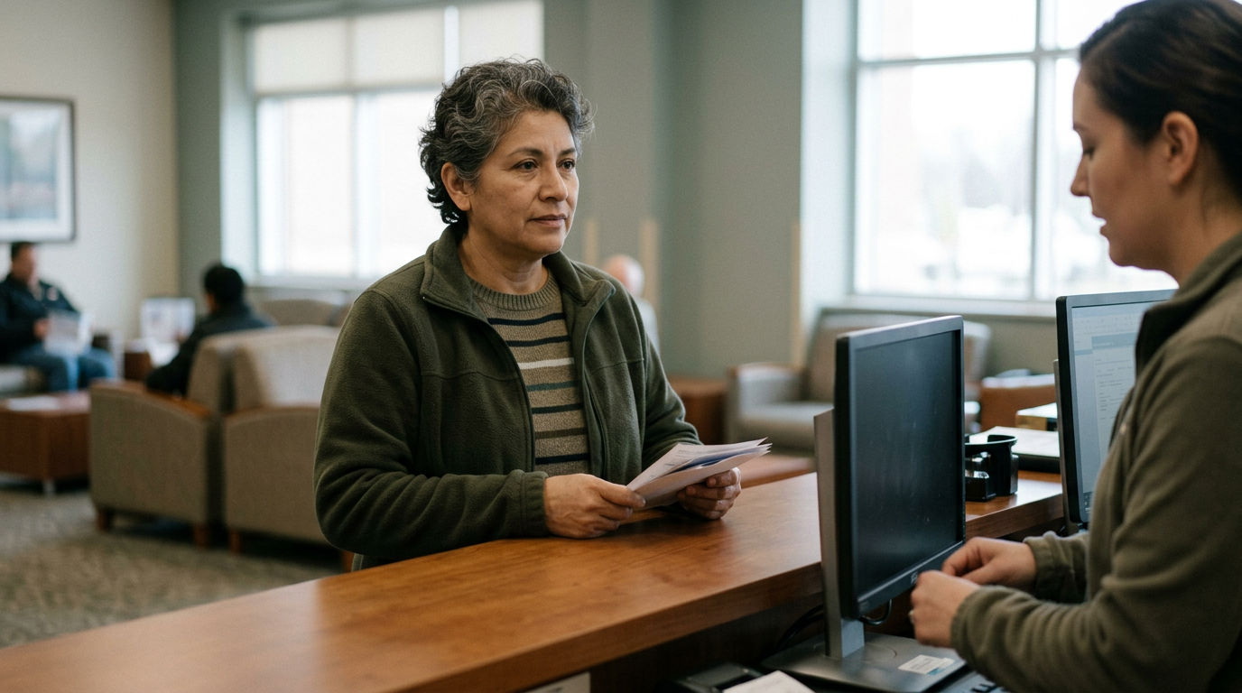 A woman veteran checking in at a quiet VA medical center front desk